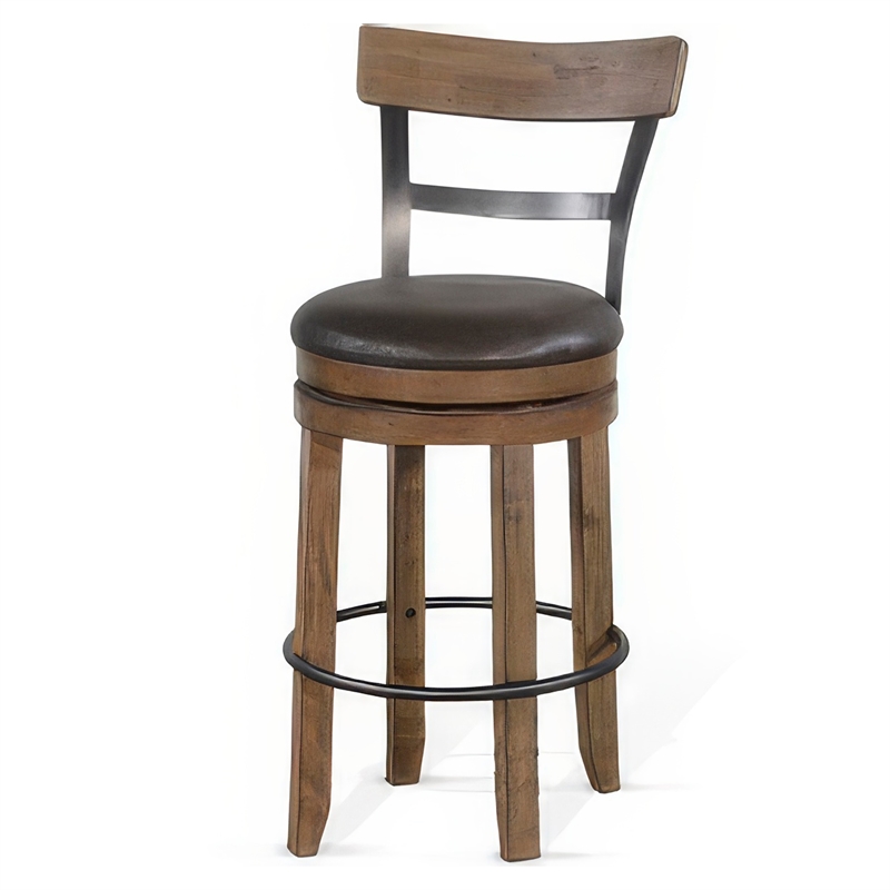 Yael Swivel Barstool Chair Set of 2- Gray Faux Leather- Brown- Black