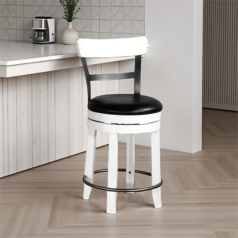 Orso Swivel Counter Stool Chair Set of 2- Black Faux Leather- White