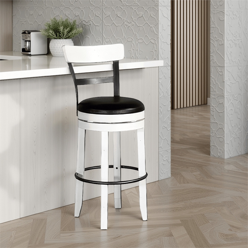 Orso Swivel Barstool Chair Set of 2- Black Faux Leather- White- Black