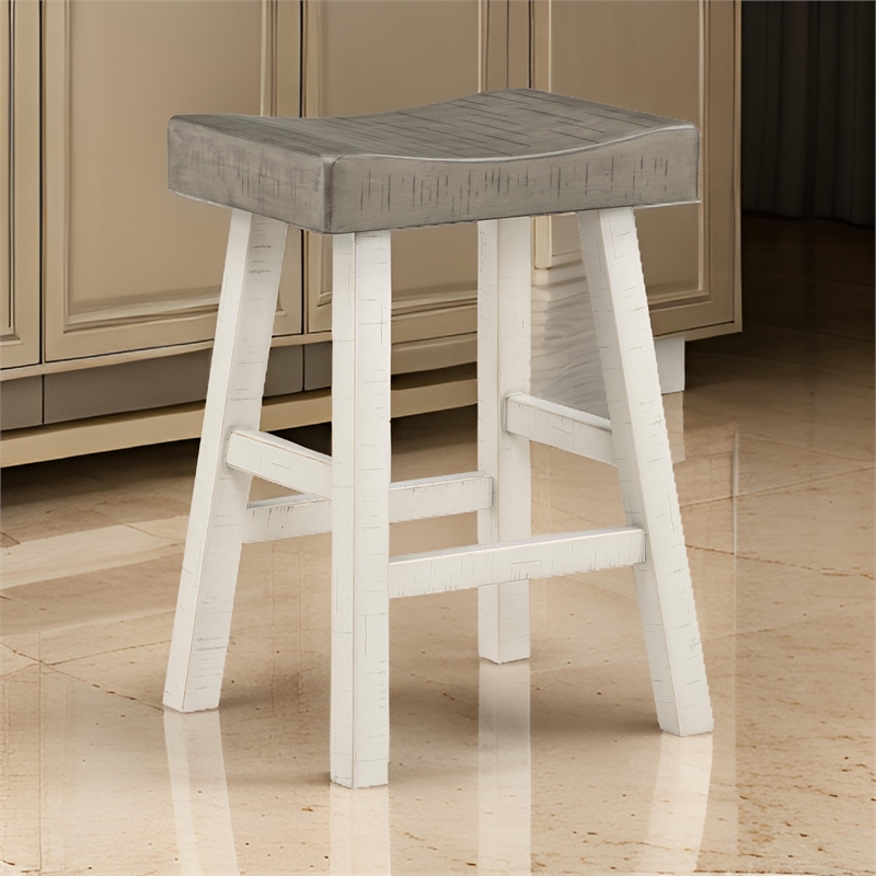 Casy 25 Inch Counter Height Stool- Saddle Seat- White Rubberwood- Set of 2