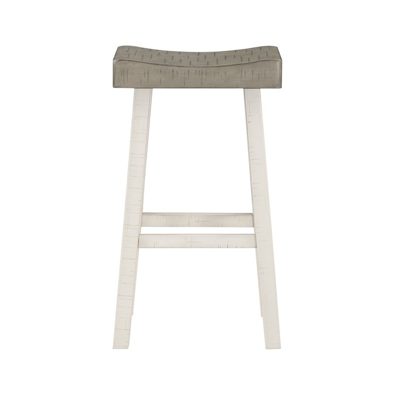 Casy 30 Inch Bar Height Stool- Gray Saddle Seat- White Rubberwood- Set of 2