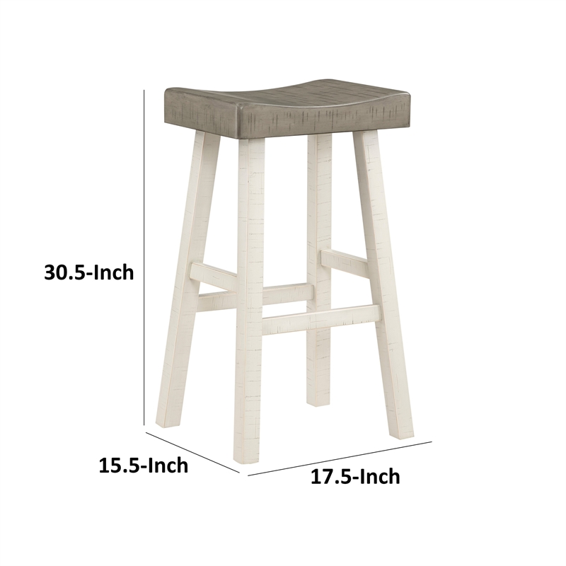 Casy 30 Inch Bar Height Stool- Gray Saddle Seat- White Rubberwood- Set of 2