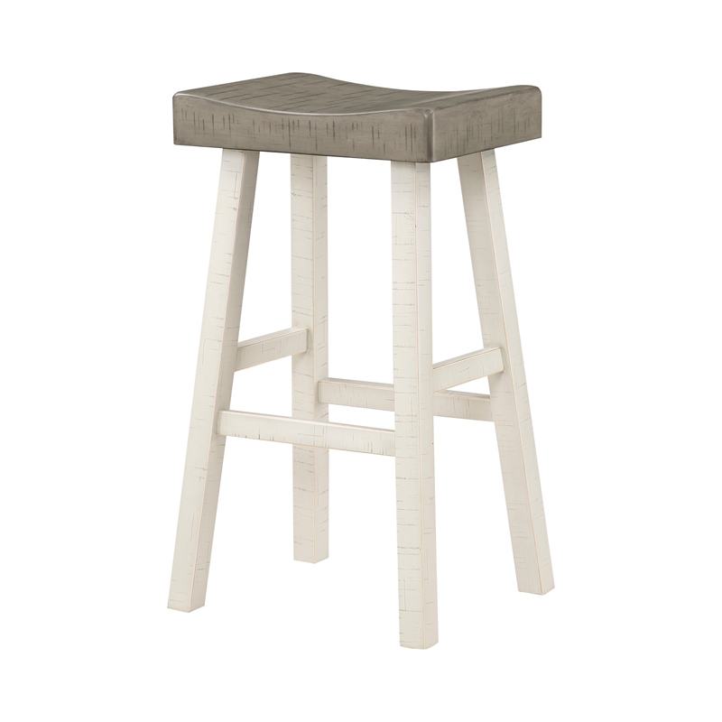 Casy 30 Inch Bar Height Stool- Gray Saddle Seat- White Rubberwood- Set of 2