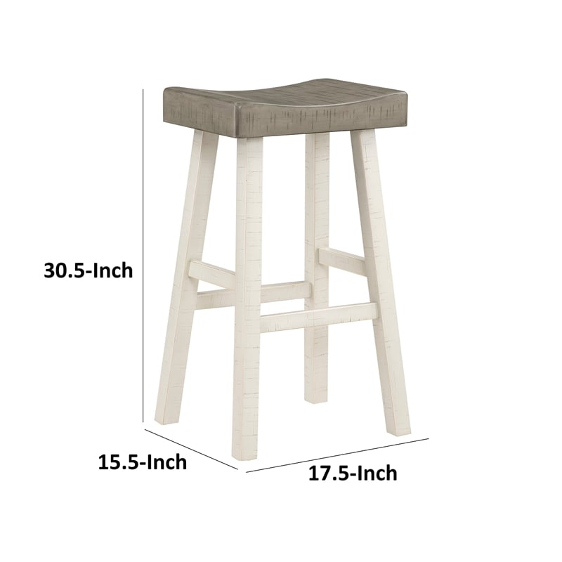 Casy 30 Inch Bar Height Stool- Gray Saddle Seat- White Rubberwood- Set of 2