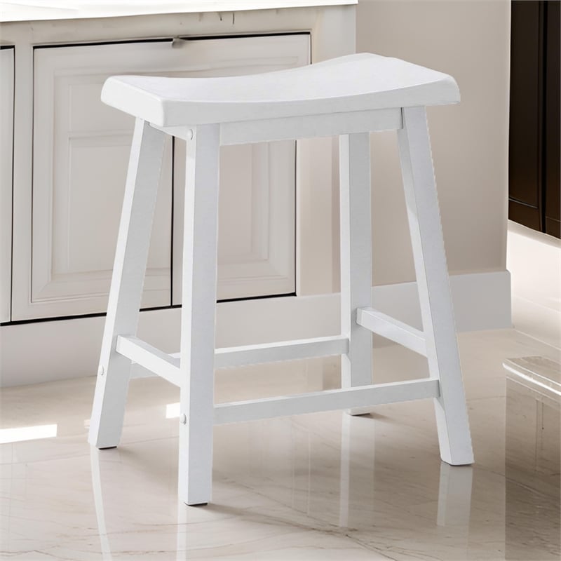 Lon 24 Inch Counter Height Stool Set of 2- Backless Saddle Seat- White Wood