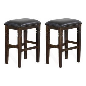Flint Barstool- Set of 2- Backless- Plush Black Vinyl Seat- Dark Brown Mahogany