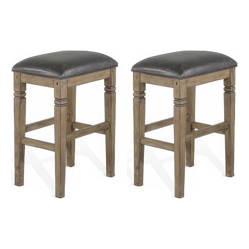 Yael Barstool- Set of 2- Black Faux Leather Cushioned- Taupe MahoganyWood