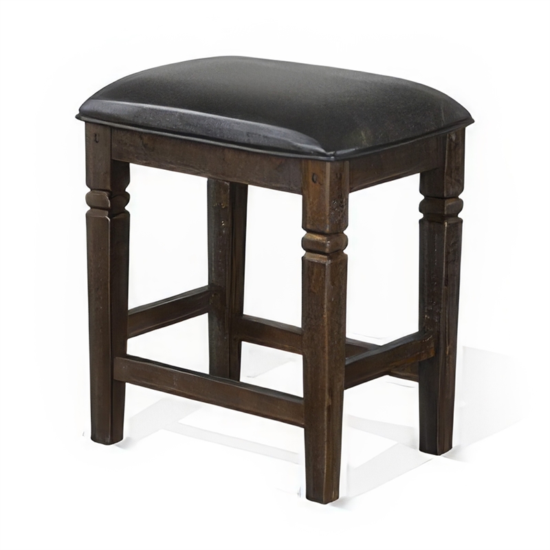 Flint Counter Stool- Set of 2- Black Faux Leather- Dark Brown Mahogany Wood
