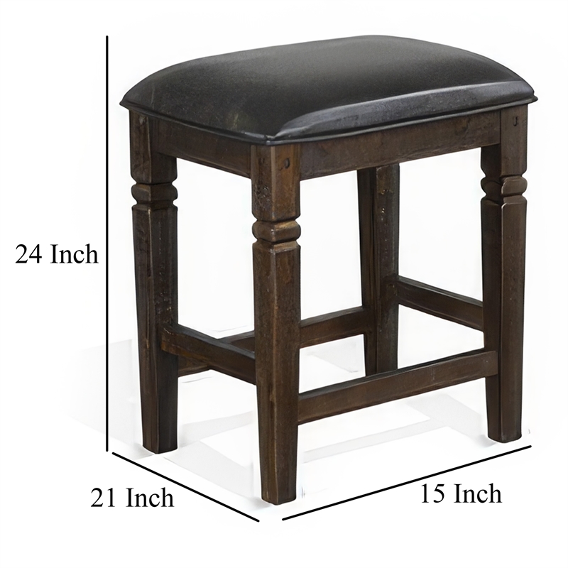 Flint Counter Stool- Set of 2- Black Faux Leather- Dark Brown Mahogany Wood