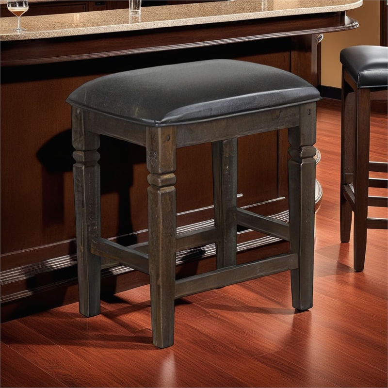Flint Counter Stool- Set of 2- Black Faux Leather- Dark Brown Mahogany Wood