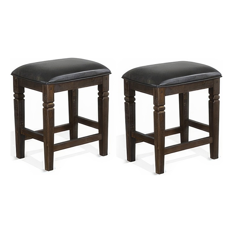 Flint Counter Stool- Set of 2- Black Faux Leather- Dark Brown Mahogany Wood