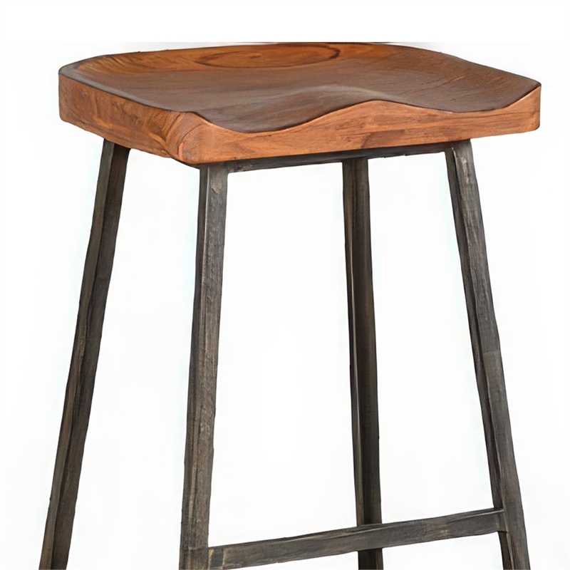 Marv Barstool Set of 2- Brown Contoured Mahogany Wood- Black Metal