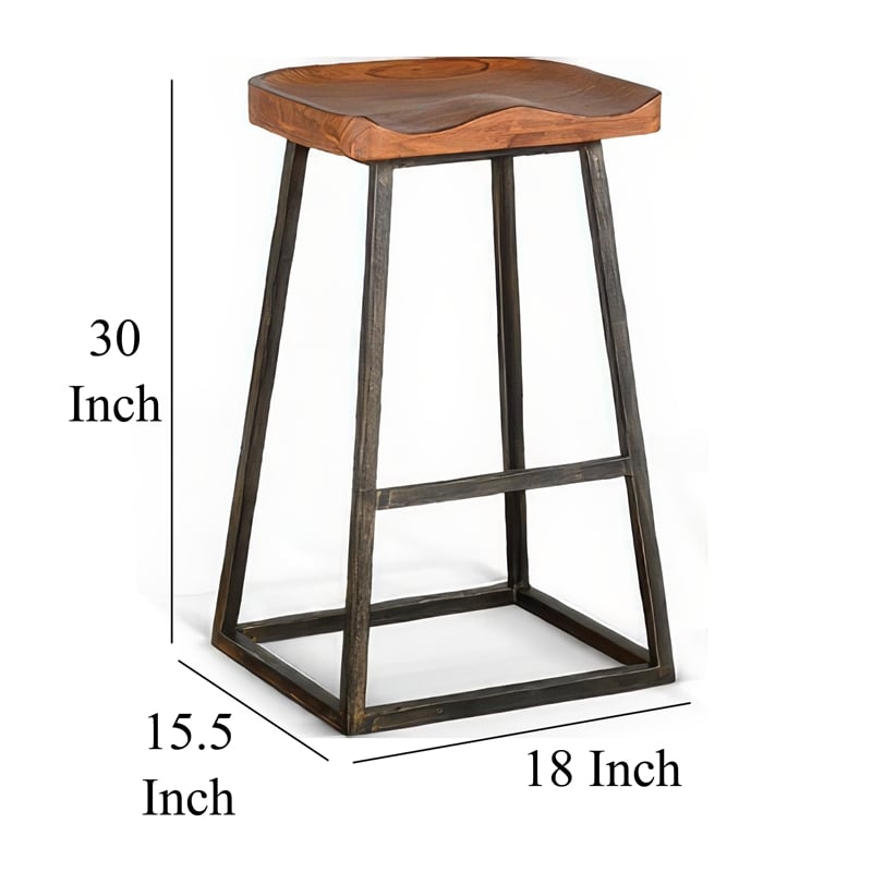 Marv Barstool Set of 2- Brown Contoured Mahogany Wood- Black Metal