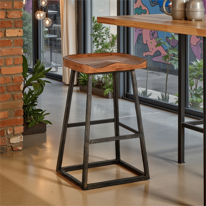 Marv Barstool Set of 2- Brown Contoured Mahogany Wood- Black Metal