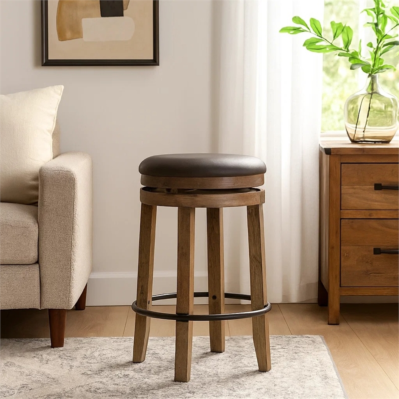 Yael Swivel Counter Stool Set of 2- Gray Faux Leather- Brown- Black