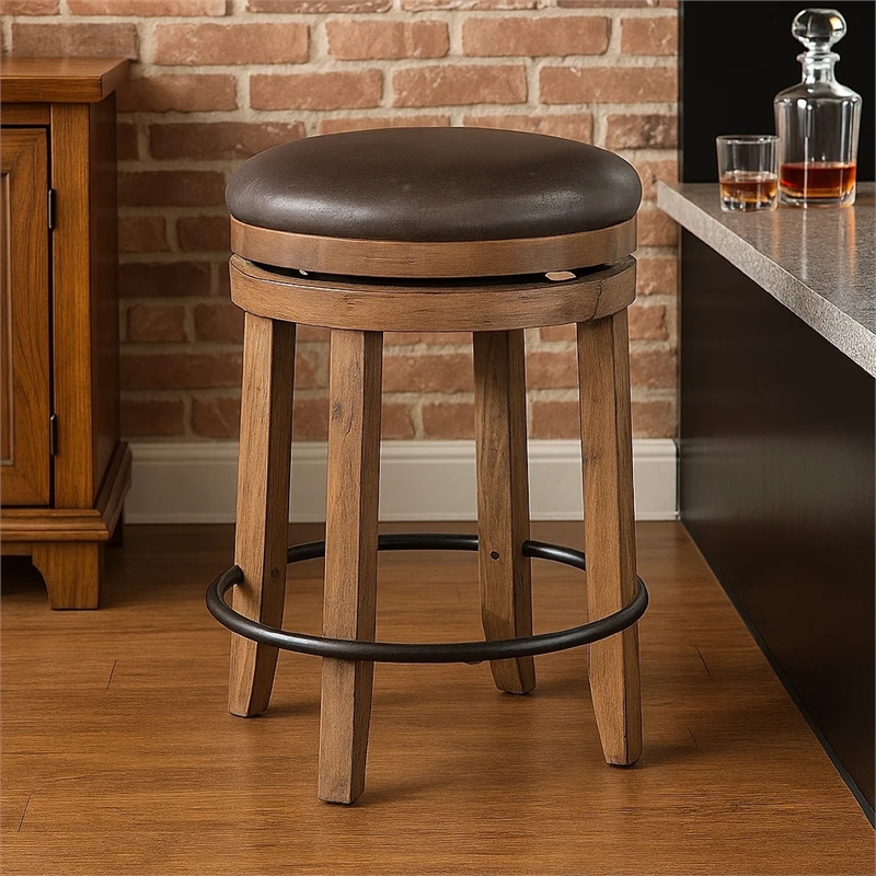 Yael Swivel Counter Stool Set of 2- Gray Faux Leather- Brown- Black