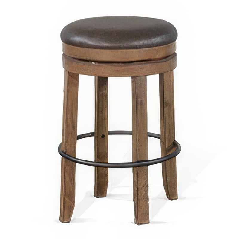 Yael Swivel Backless Barstool Set of 2- Gray Faux Leather- Brown Wood
