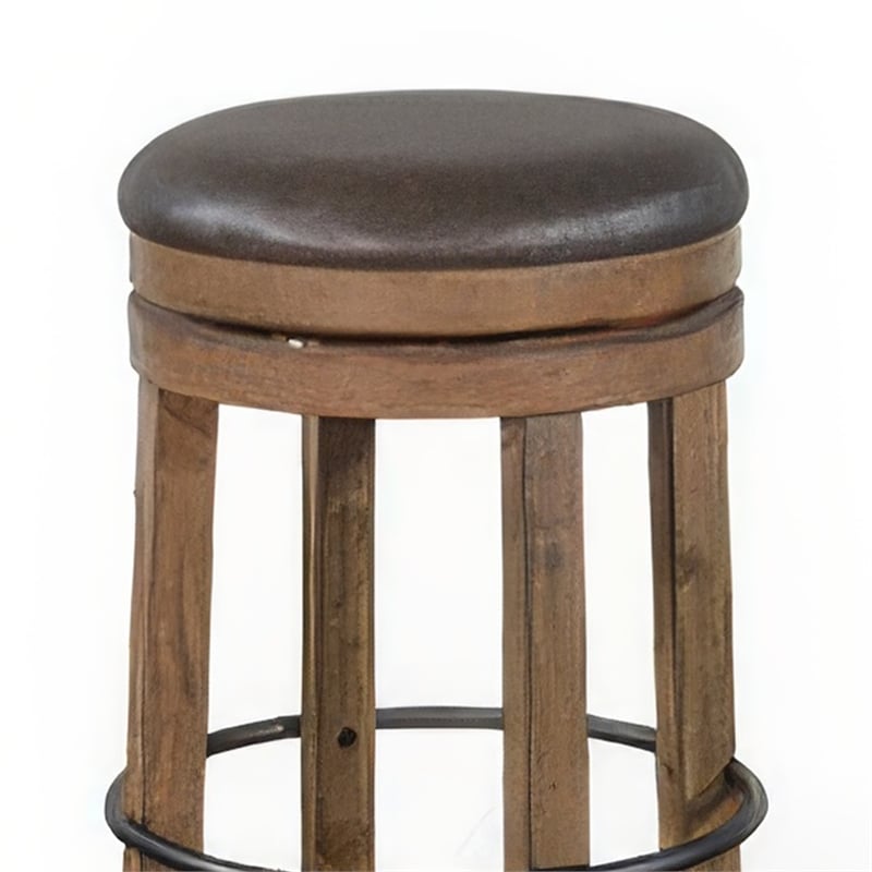 Yael Swivel Backless Barstool Set of 2- Gray Faux Leather- Brown Wood
