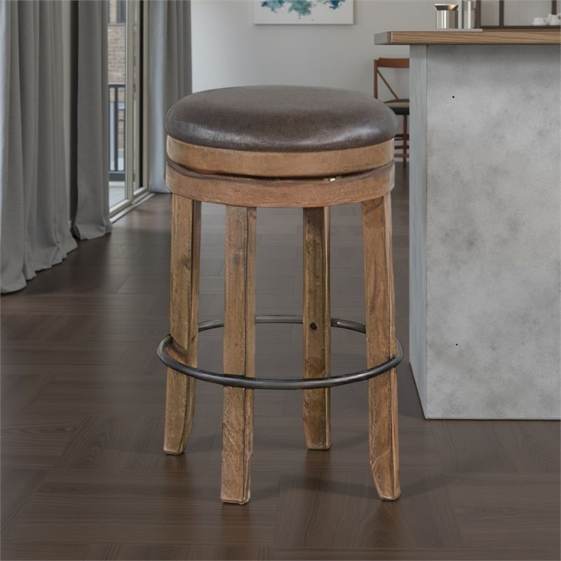 Yael Swivel Backless Barstool Set of 2- Gray Faux Leather- Brown Wood