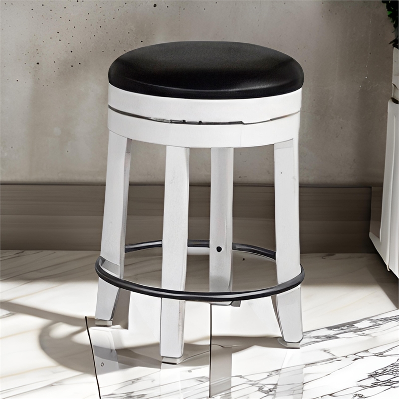 Orso Swivel Counter Stool Set of 2- Black Faux Leather- White Wood