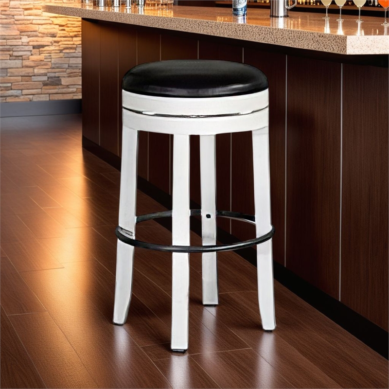 Orso Swivel Barstool Set of 2- Black Faux Leather- White Wood- Black