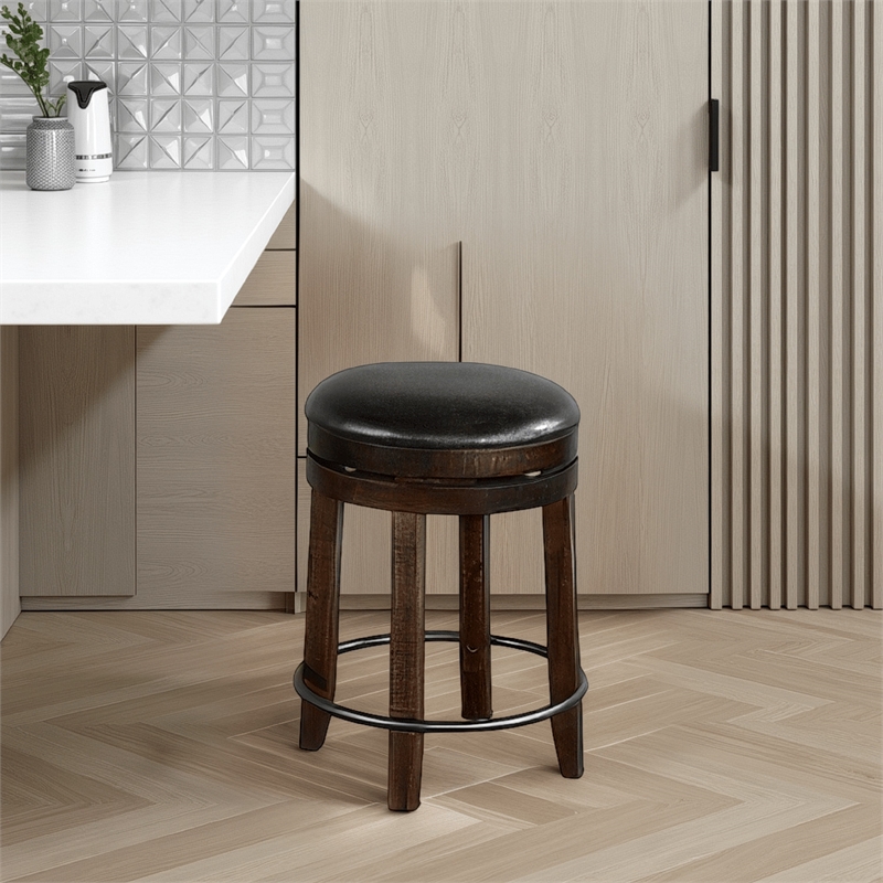 Flint Swivel Counter Stool Set of 2- Black Faux Leather- Dark Brown