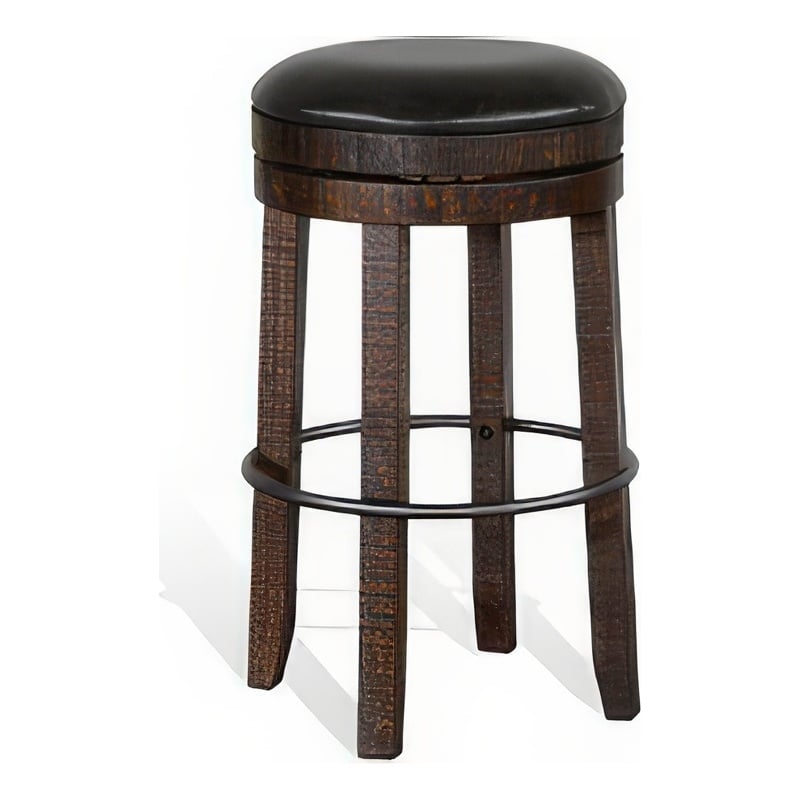 Flint Swivel Barstool Set of 2- Black Faux Leather- Dark Brown Wood