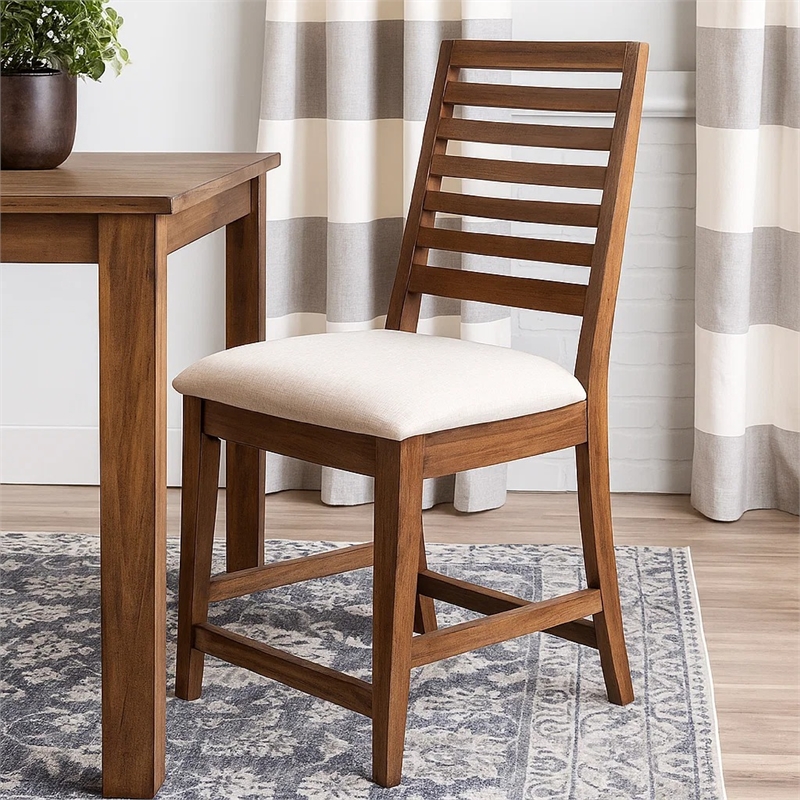 Yael Counter Height Stool Set of 2- Ivory White- Light Brown Wood