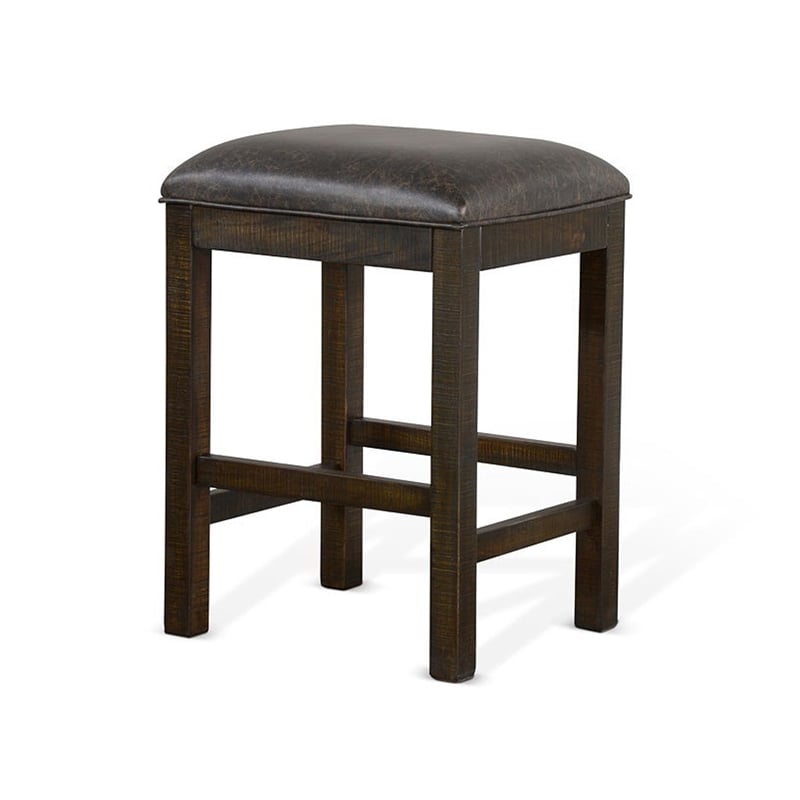 Flint Counter Stool- Faux Leather Seat- 24 Inch High- Dark Brown Wood