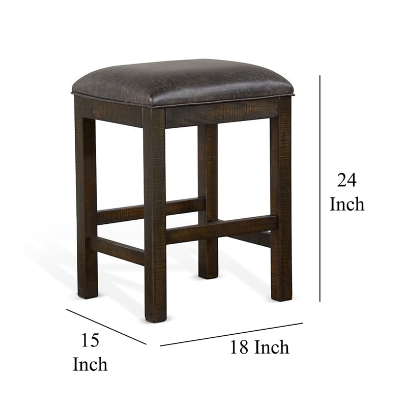 Flint Counter Stool- Faux Leather Seat- 24 Inch High- Dark Brown Wood