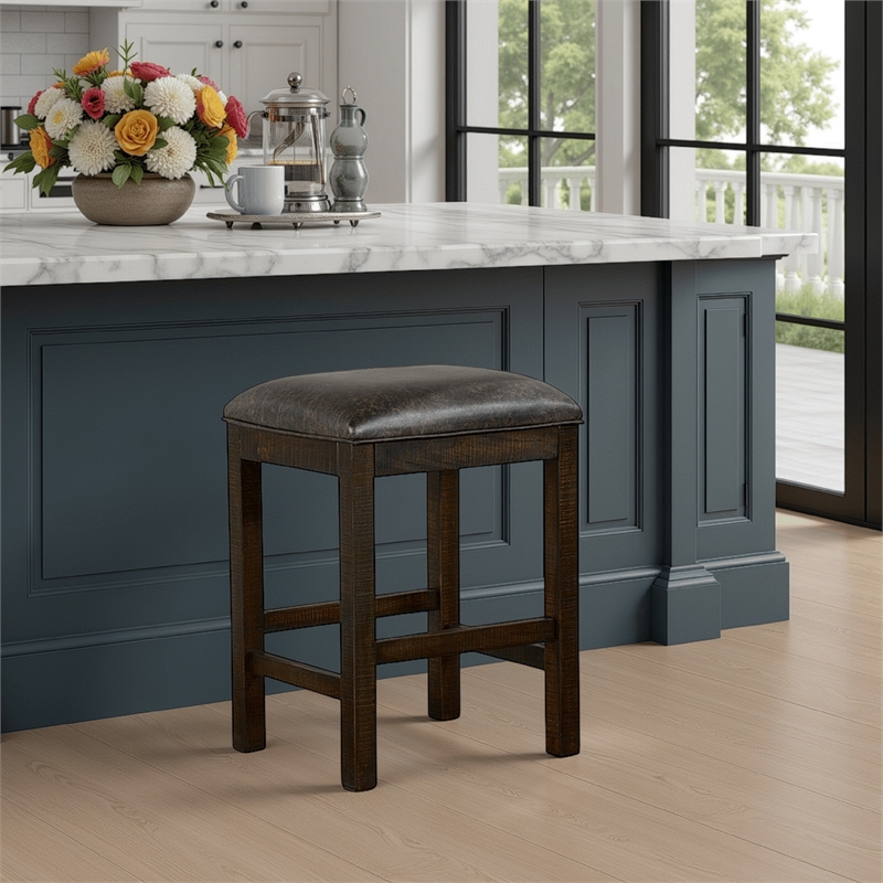 Flint Counter Stool- Faux Leather Seat- 24 Inch High- Dark Brown Wood