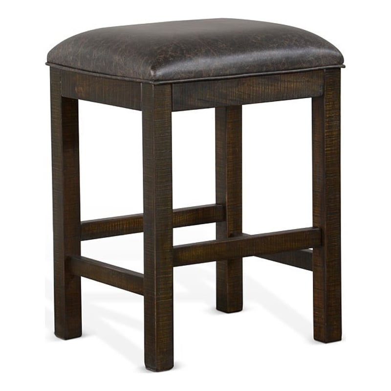Flint Counter Stool- Faux Leather Seat- 24 Inch High- Dark Brown Wood