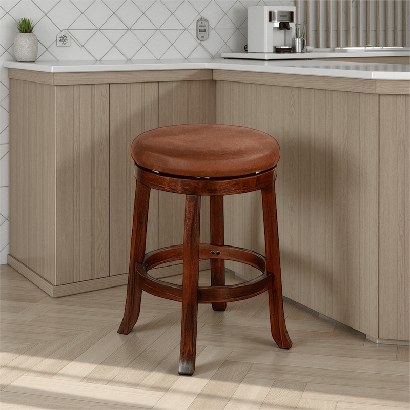 Odel Swivel Counter Stool Set of 2- Brown Faux Leather- Dark Mahogany