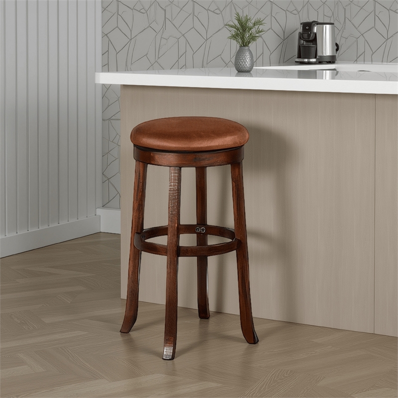 Odel Swivel Barstool Set of 2- Brown Faux Leather- Dark Mahogany