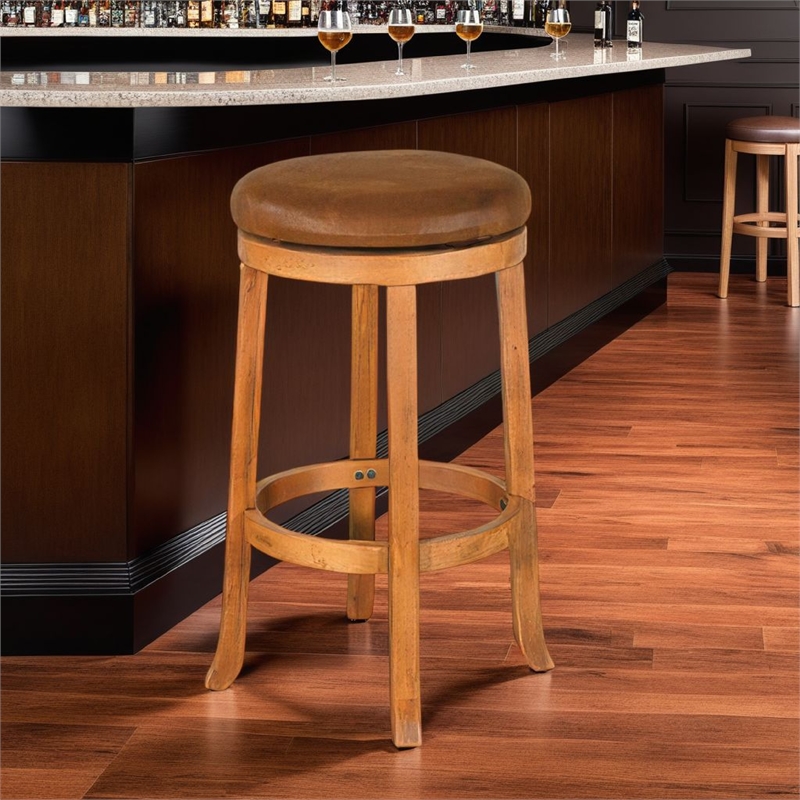 Marv Swivel Barstool Set of 2- Brown Faux Leather- Mahogany Wood
