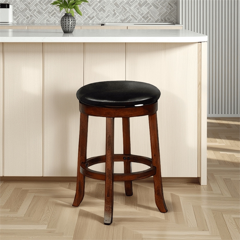 Reggie Swivel Counter Stool Set of 2- Black Faux Leather- Brown Wood