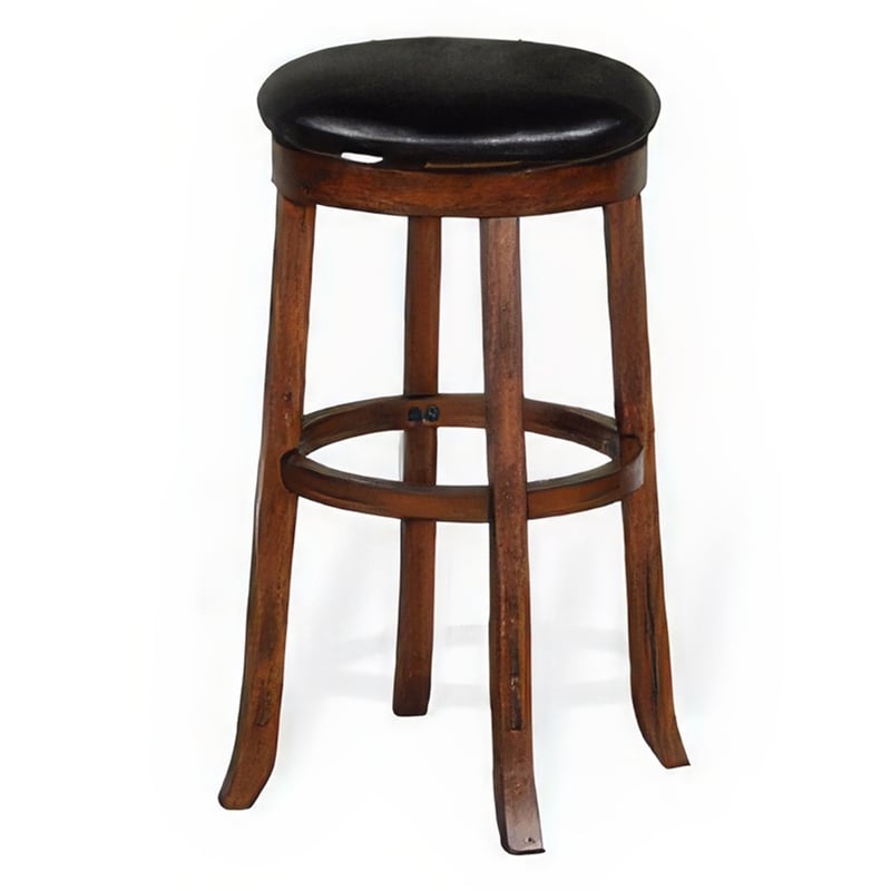 Reggie Swivel Barstool Set of 2- Black Faux Leather- Brown Mahogany