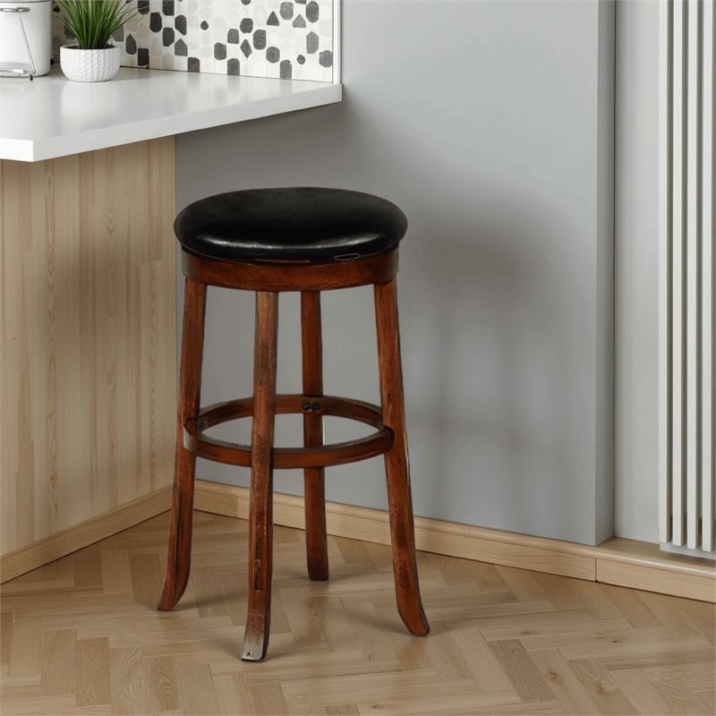 Reggie Swivel Barstool Set of 2- Black Faux Leather- Brown Mahogany