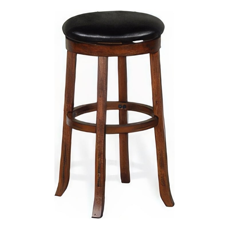 Reggie Swivel Barstool Set of 2- Black Faux Leather- Brown Mahogany