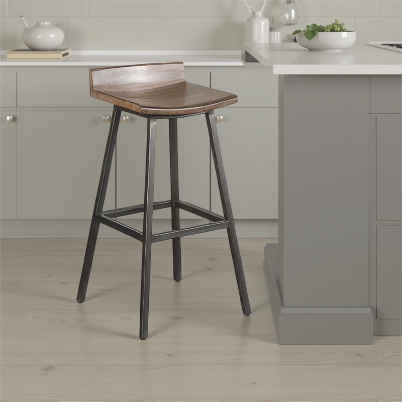 Yael Barstool Set of 2- Low Back- Black- Rustic Brown Mahogany 30 Inch