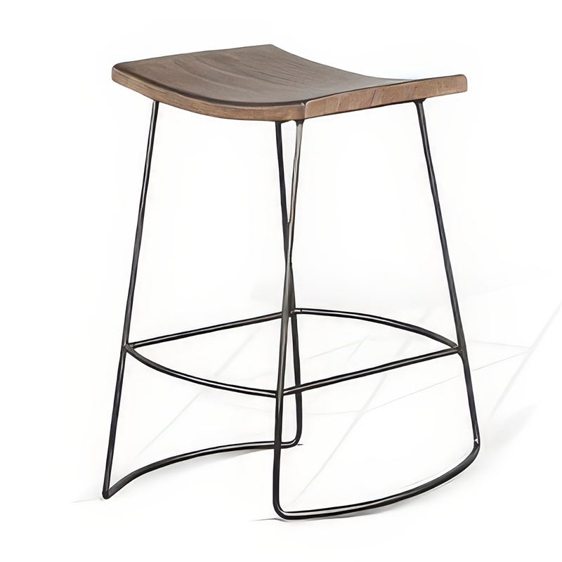 Yael Counter Stool Set of 2- Curved Seat- Rustic Brown Wood- 24 Inch