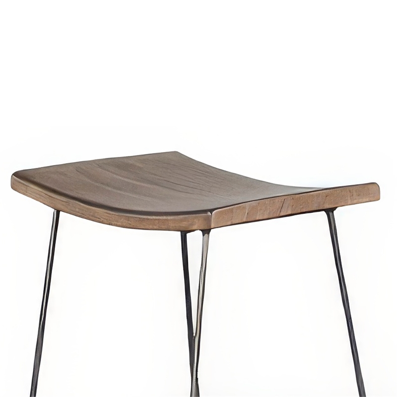 Yael Counter Stool Set of 2- Curved Seat- Rustic Brown Wood- 24 Inch