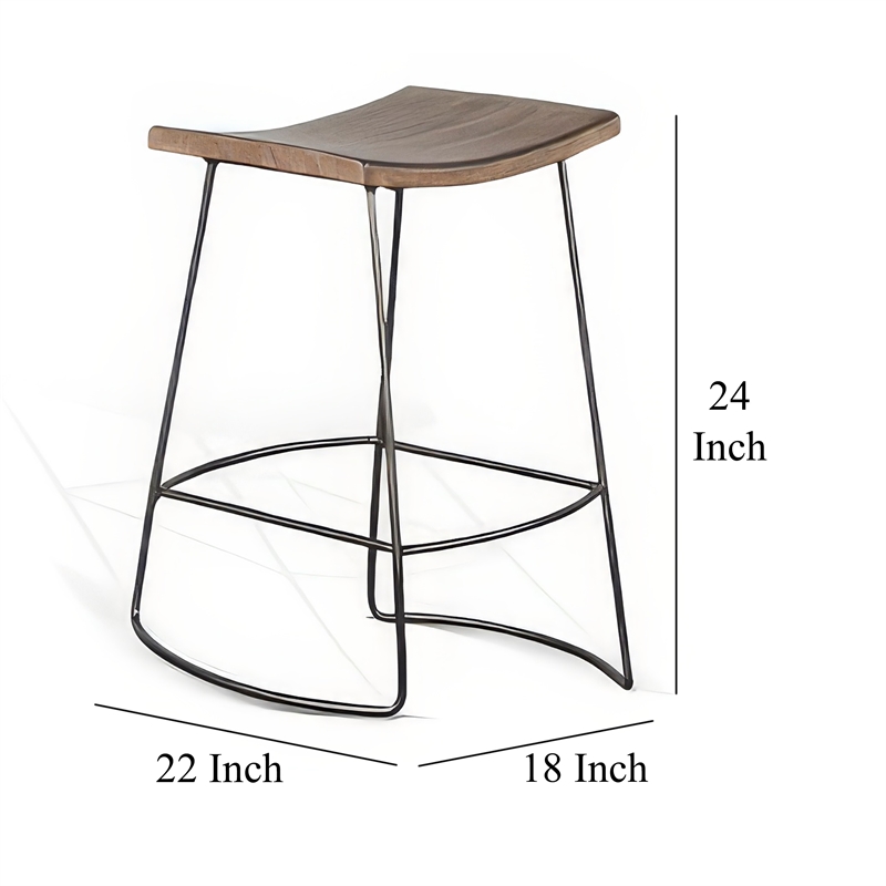 Yael Counter Stool Set of 2- Curved Seat- Rustic Brown Wood- 24 Inch
