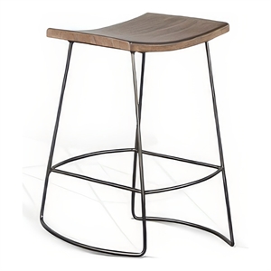 Yael Counter Stool Set of 2- Curved Seat- Rustic Brown Wood- 24 Inch
