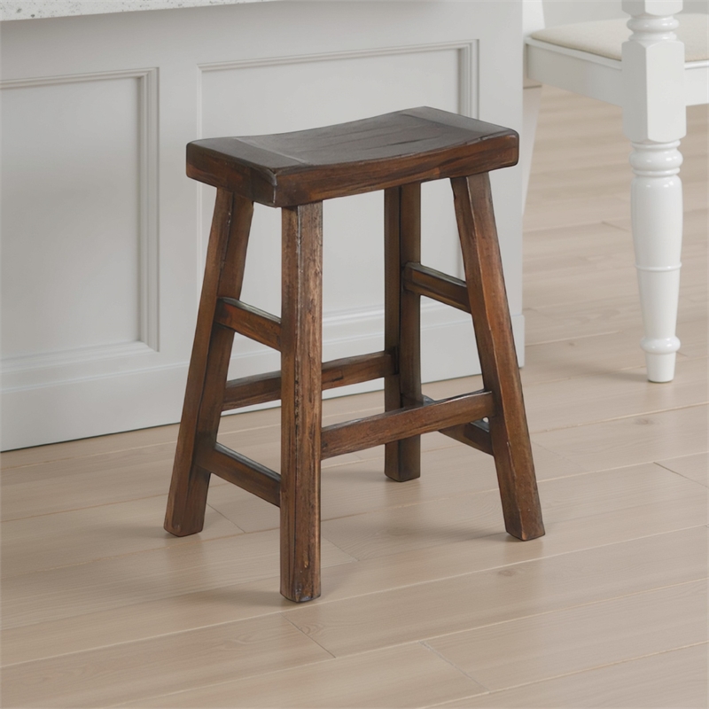 Odel Counter Stool Set of 2- Saddle Seat- Dark Brown Mahogany Wood