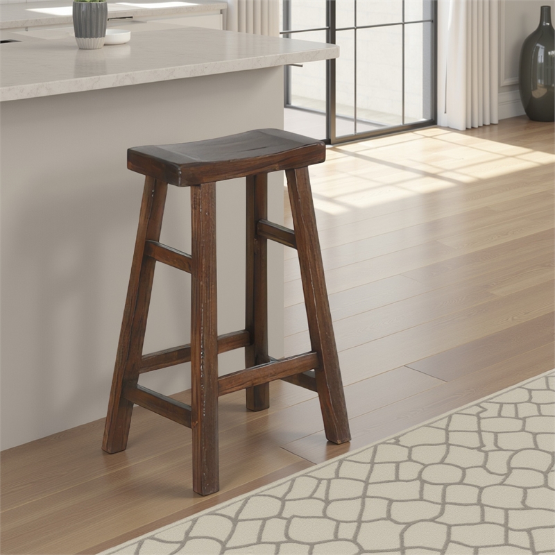 Odel Barstool Set of 2- Saddle Seat- Dark Brown Mahogany Wood- 30 Inch