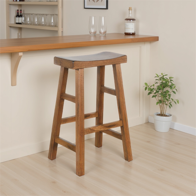 Marv Barstool Set of 2- Saddle Seat- Rustic Oak Mahogany Wood- 30 Inch