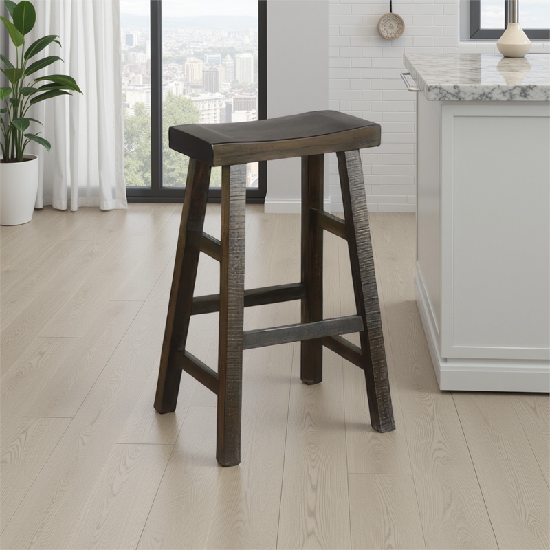 Flint Barstool Set of 2- Saddle Seat- Distressed Dark Brown Mahogany