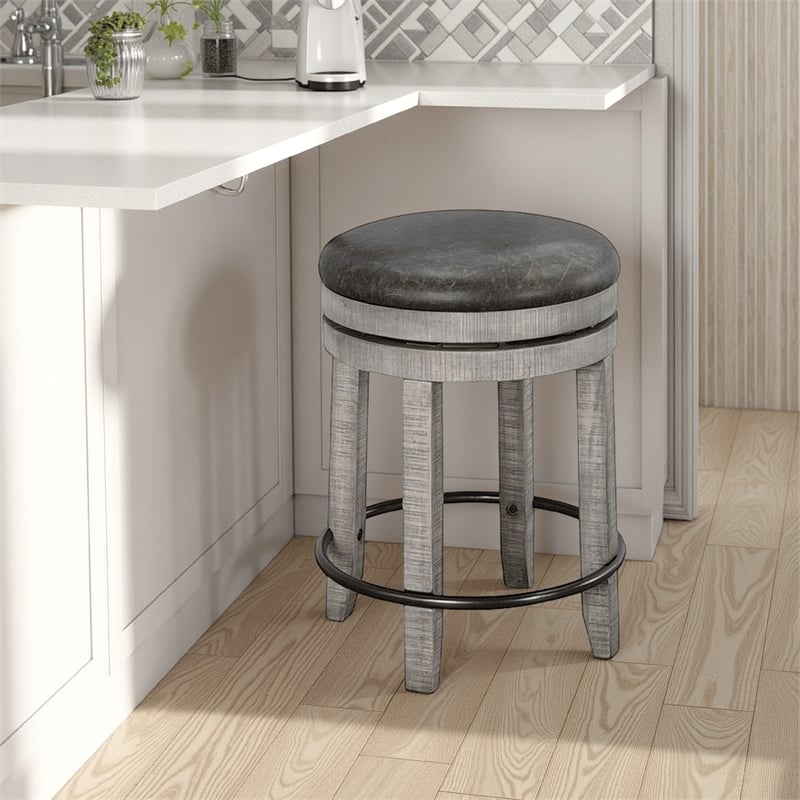 Zeka Swivel Counter Stool Set of 2- Rich Black Faux Leather- Gray