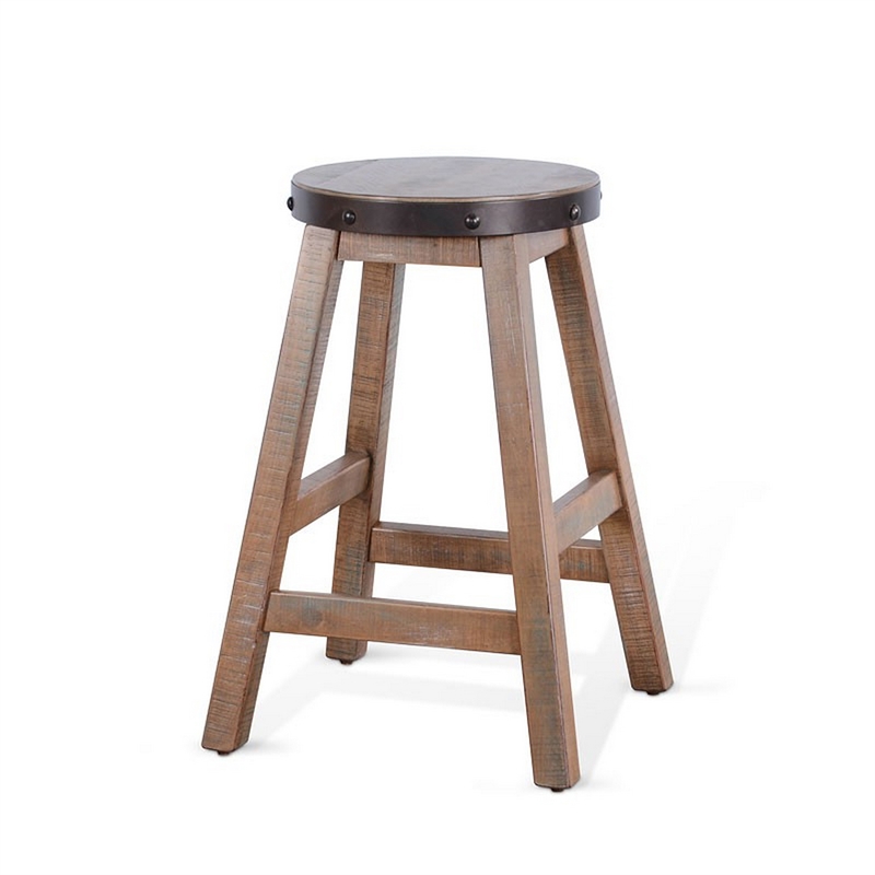 Ayka Round Counter Stool- Metal Band- Splayed Legs- Brown Mahogany